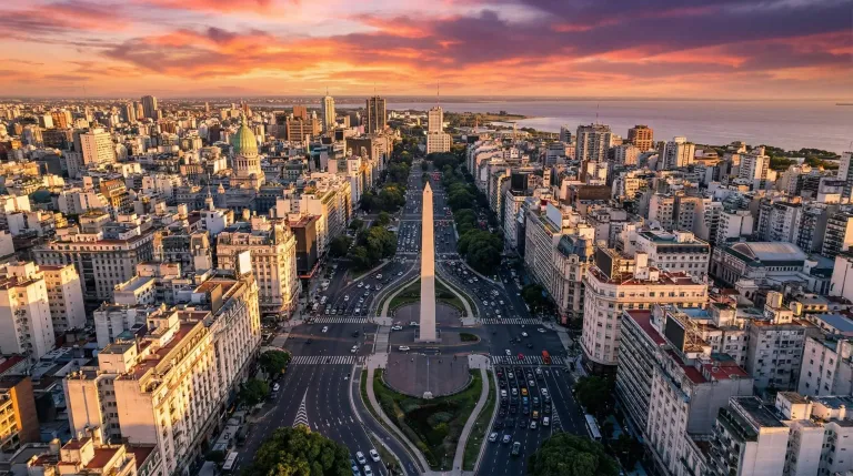 Aerial view of Buenos Aires at sunset, looking down Avenida 9 de Julio to the Obelisco and the Río de la Plata
